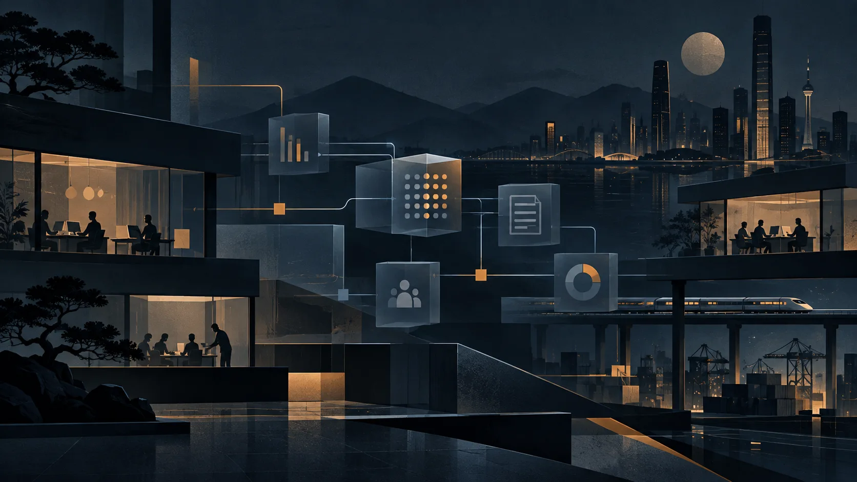 Abstract editorial illustration of AI workflow and workplace transformation across a Chinese city at night