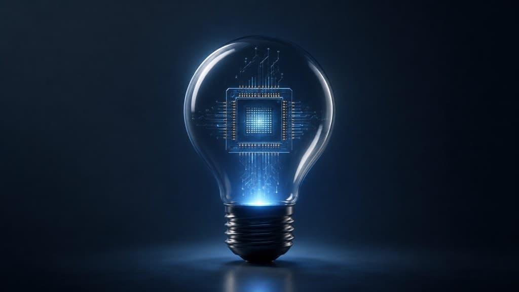 Light bulb with a glowing microchip inside, symbolizing ideas and responsible AI innovation