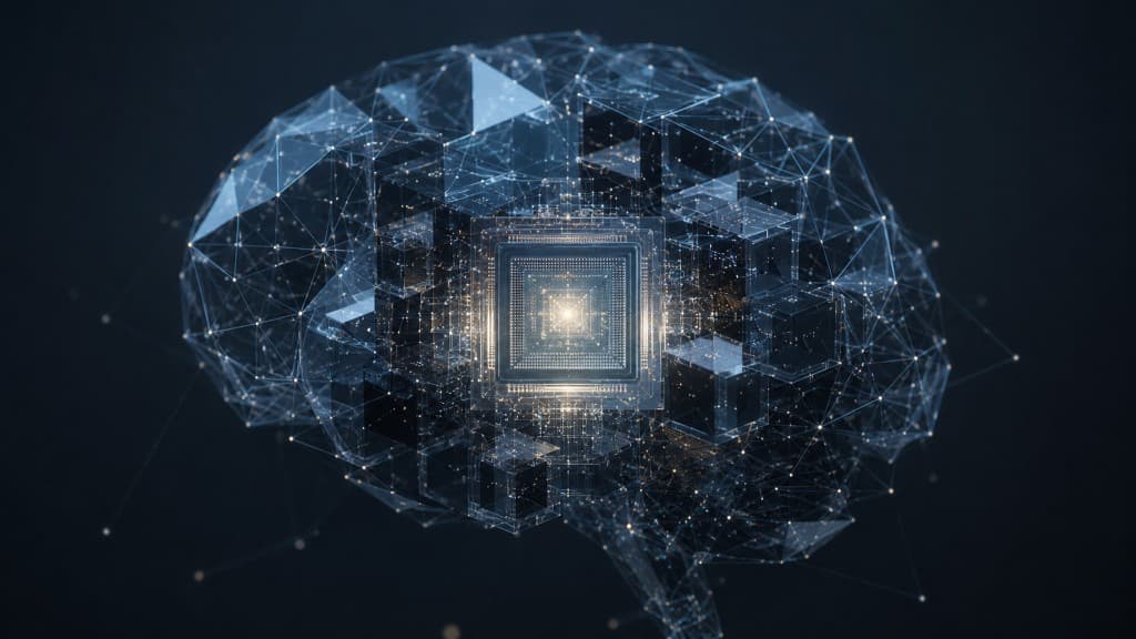 Conceptual illustration of a neural network and processor suggesting human–AI cognition